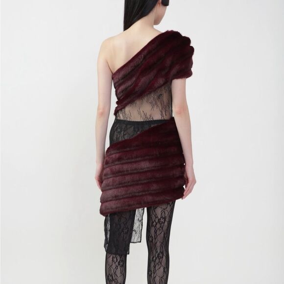 Kim Shui Aubergine Faux Fur Dress Deep Burgundy One-Shoulder mini Revolve M - Picture 4 of 13
